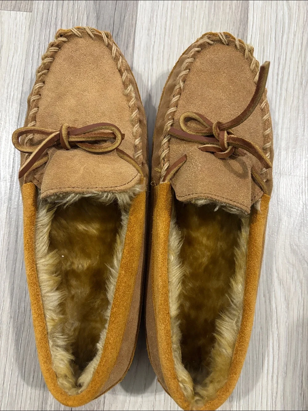 L.L. Brown Suede Moccasin Slippers with Fur Lining Kids Size 6